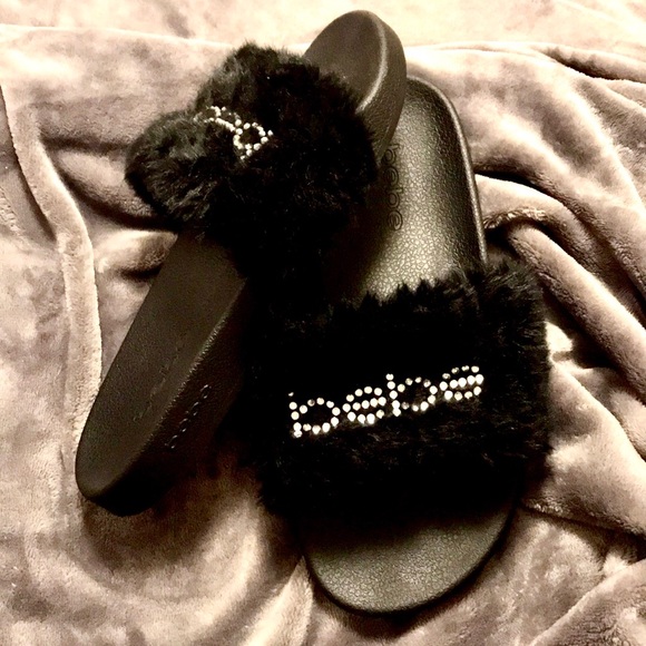 bebe Shoes - Bebe black faux fur slides w/ bling size 10!!!
